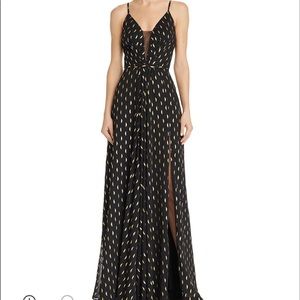 Aqua metallic print plunge illusion gown